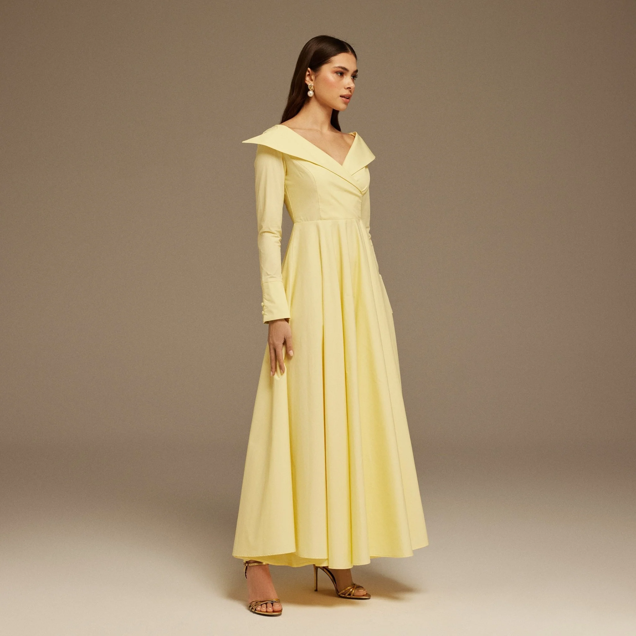 Yellow Wide V Neck Long Sleeve Maxi Dress - Image 2