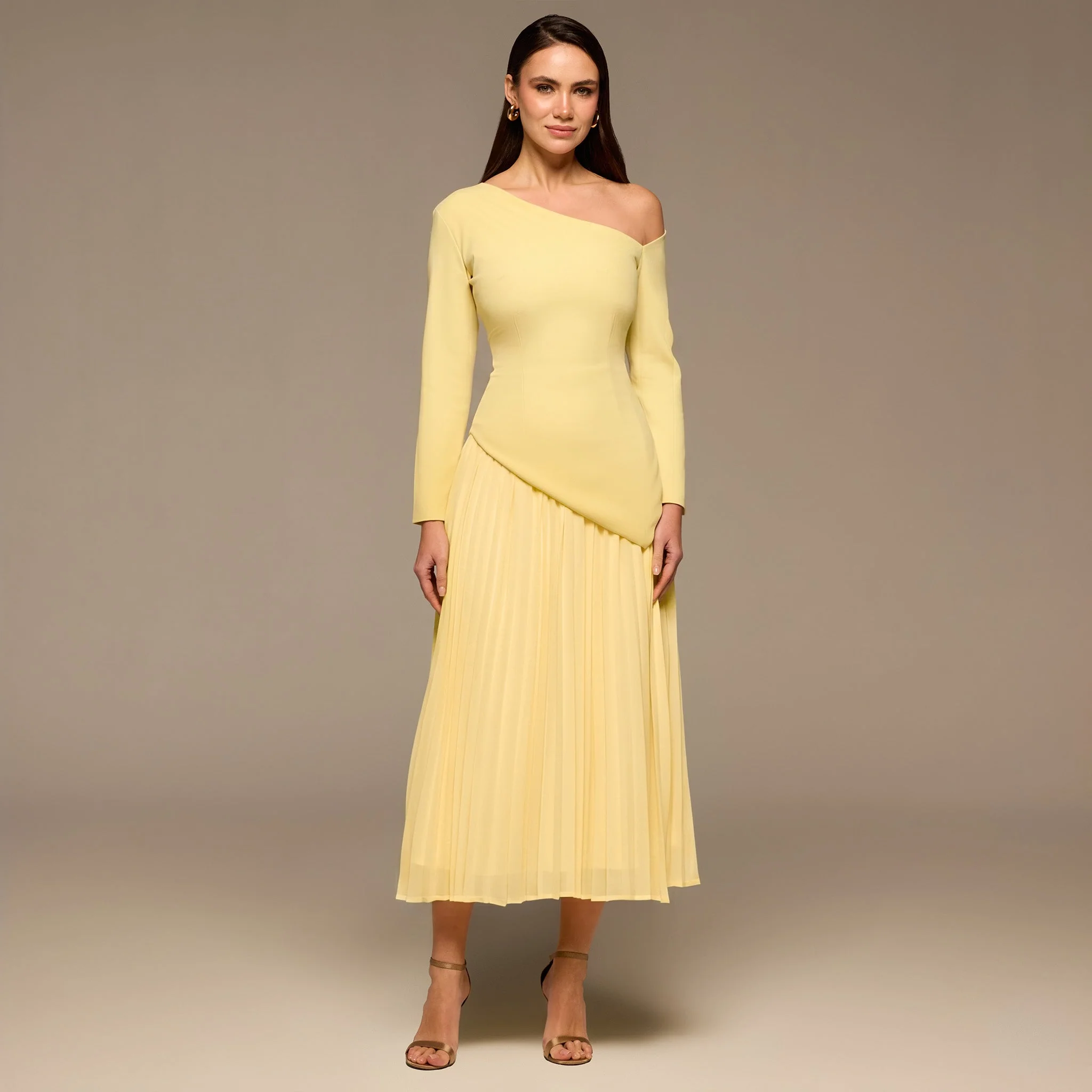 Yellow One Shoulder A Line Crepe Dress