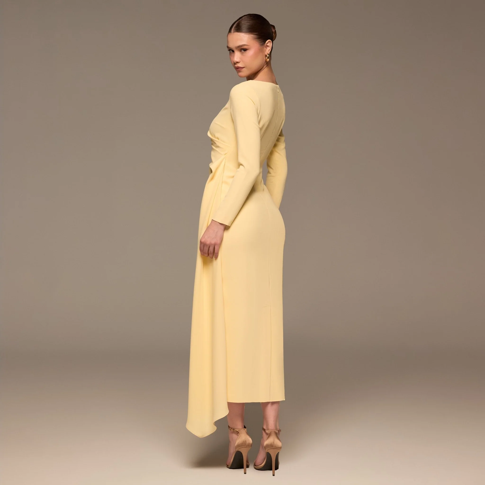 Yellow Long Sleeve Draped Midi Dress - Image 4