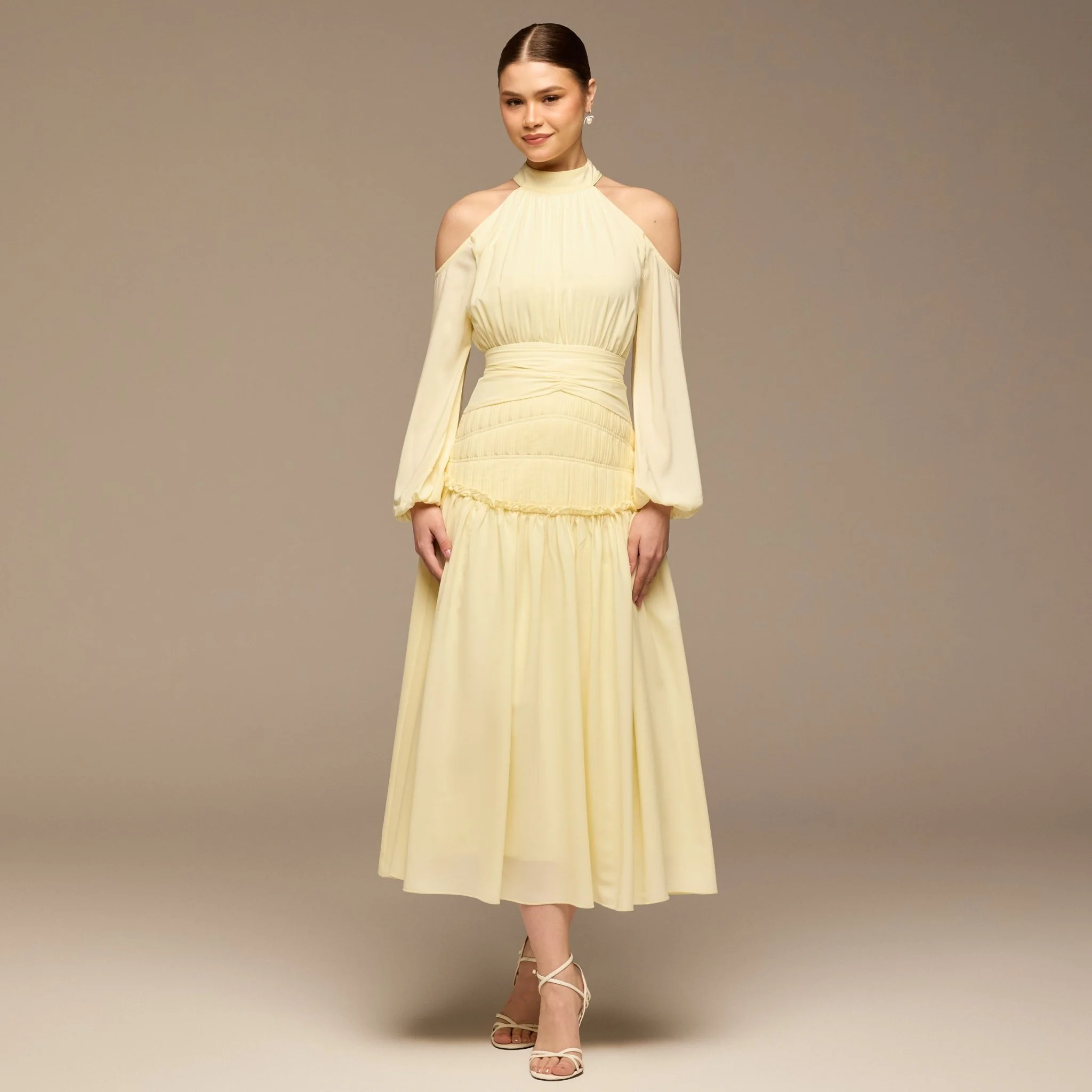 Yellow Cold Shoulder Chiffon Dress