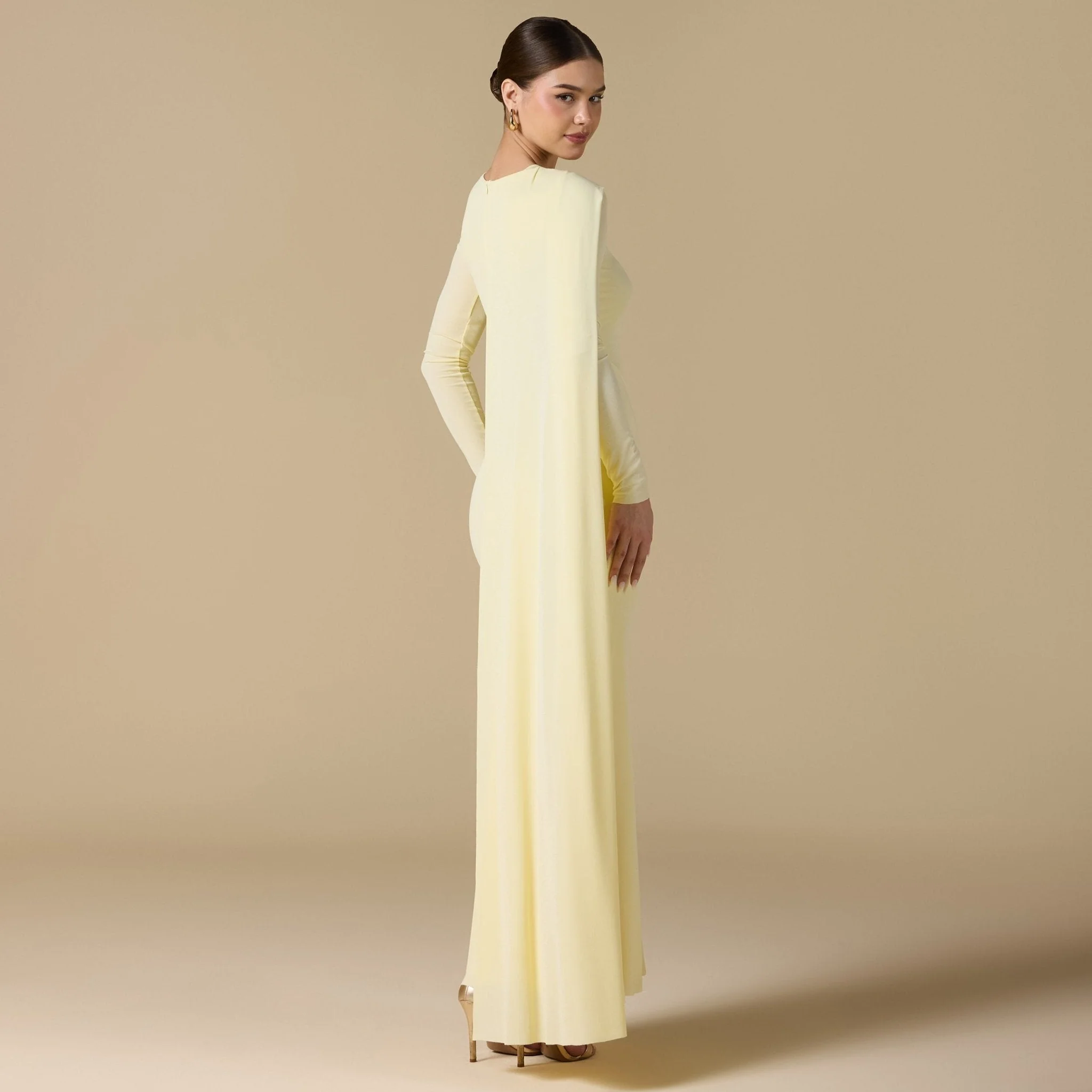 Yellow Jersey Draped Maxi Dress with Back Scarf - Image 4