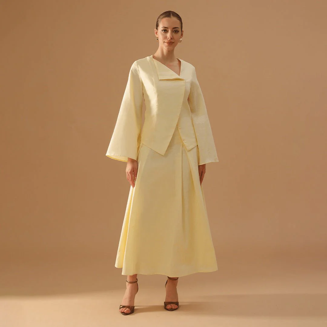 Yellow Long-sleeve linen blend set Top And Skirt - Image 2
