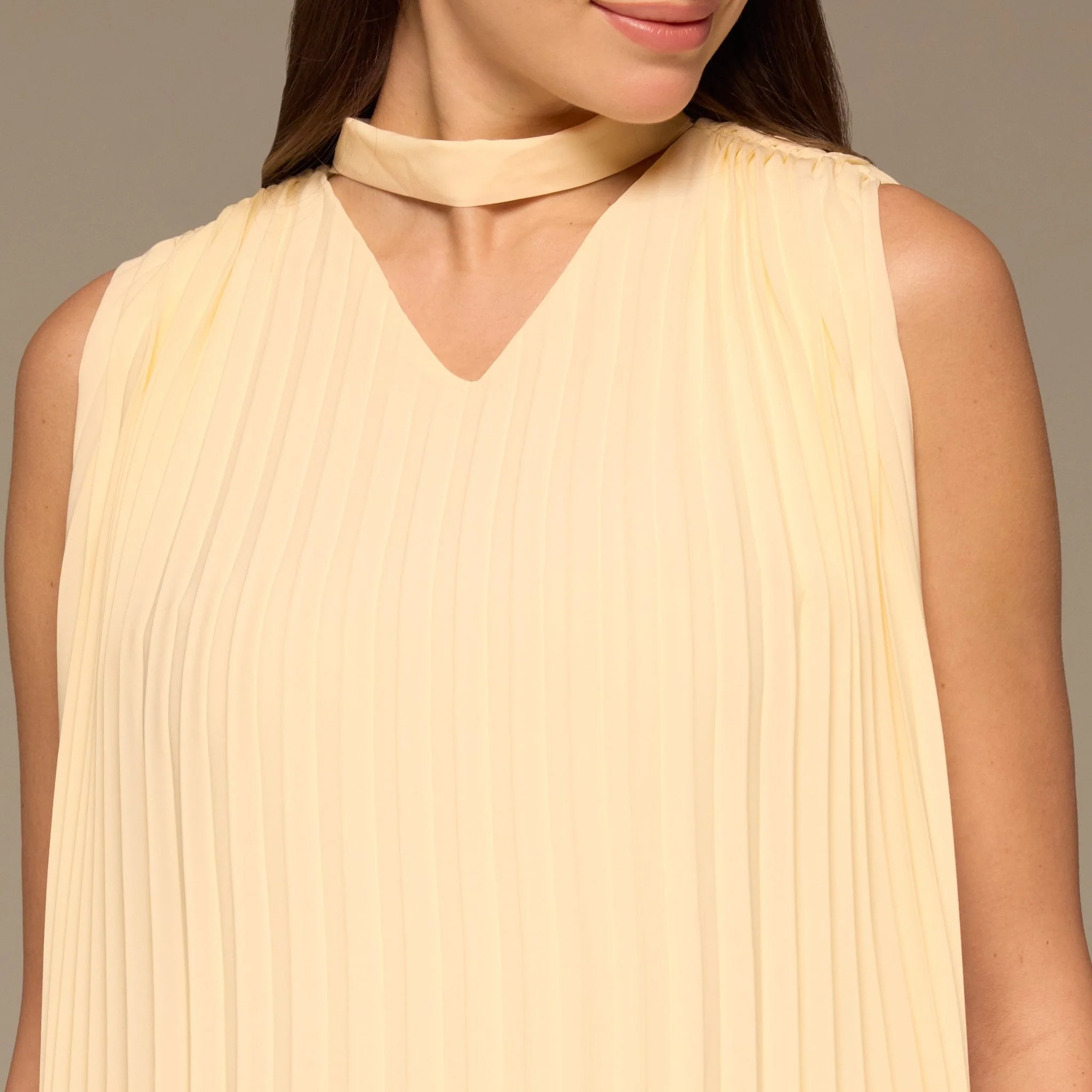 Yellow V-Neck All Over Pleated Chiffon Maxi Dress - Image 3
