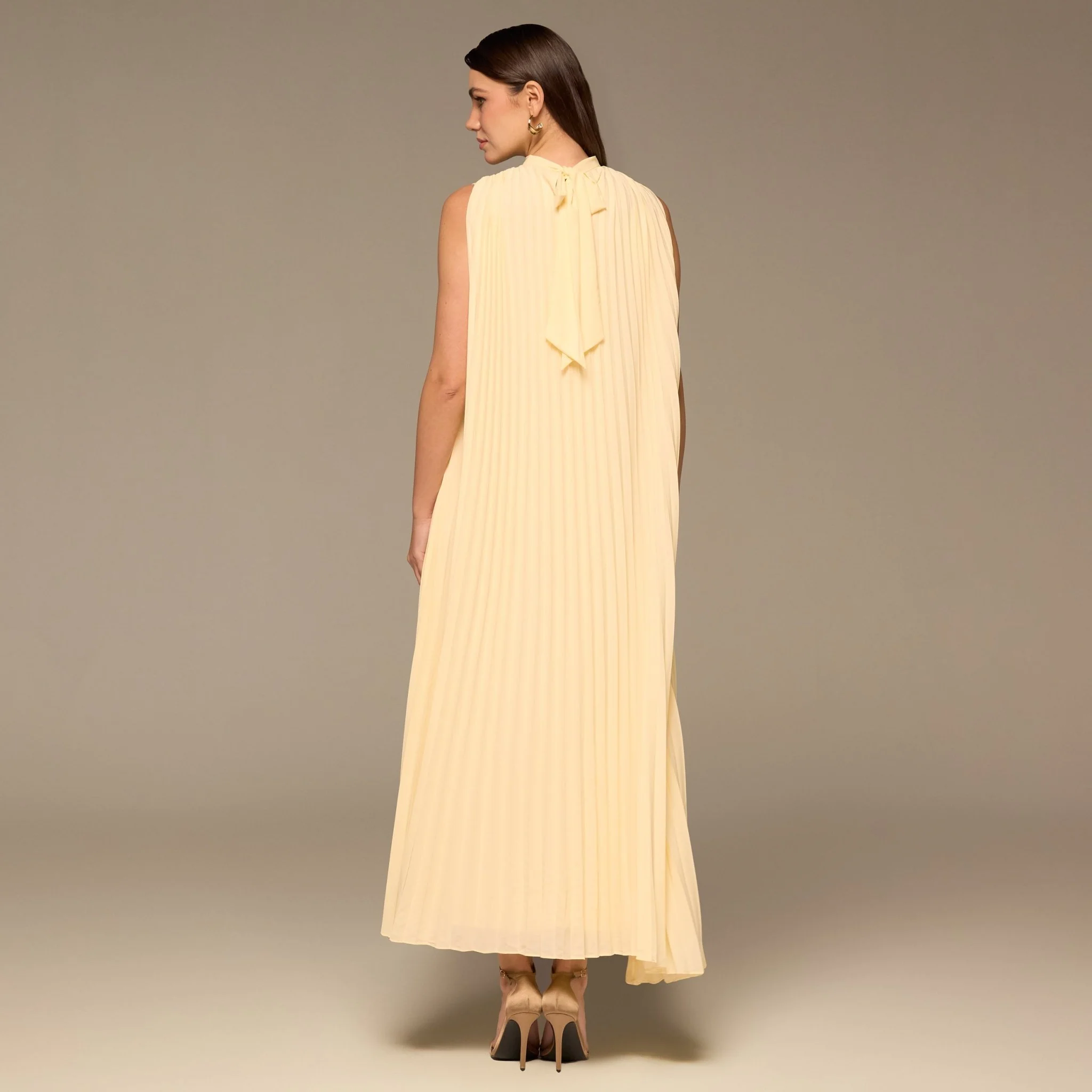 Yellow V-Neck All Over Pleated Chiffon Maxi Dress - Image 4