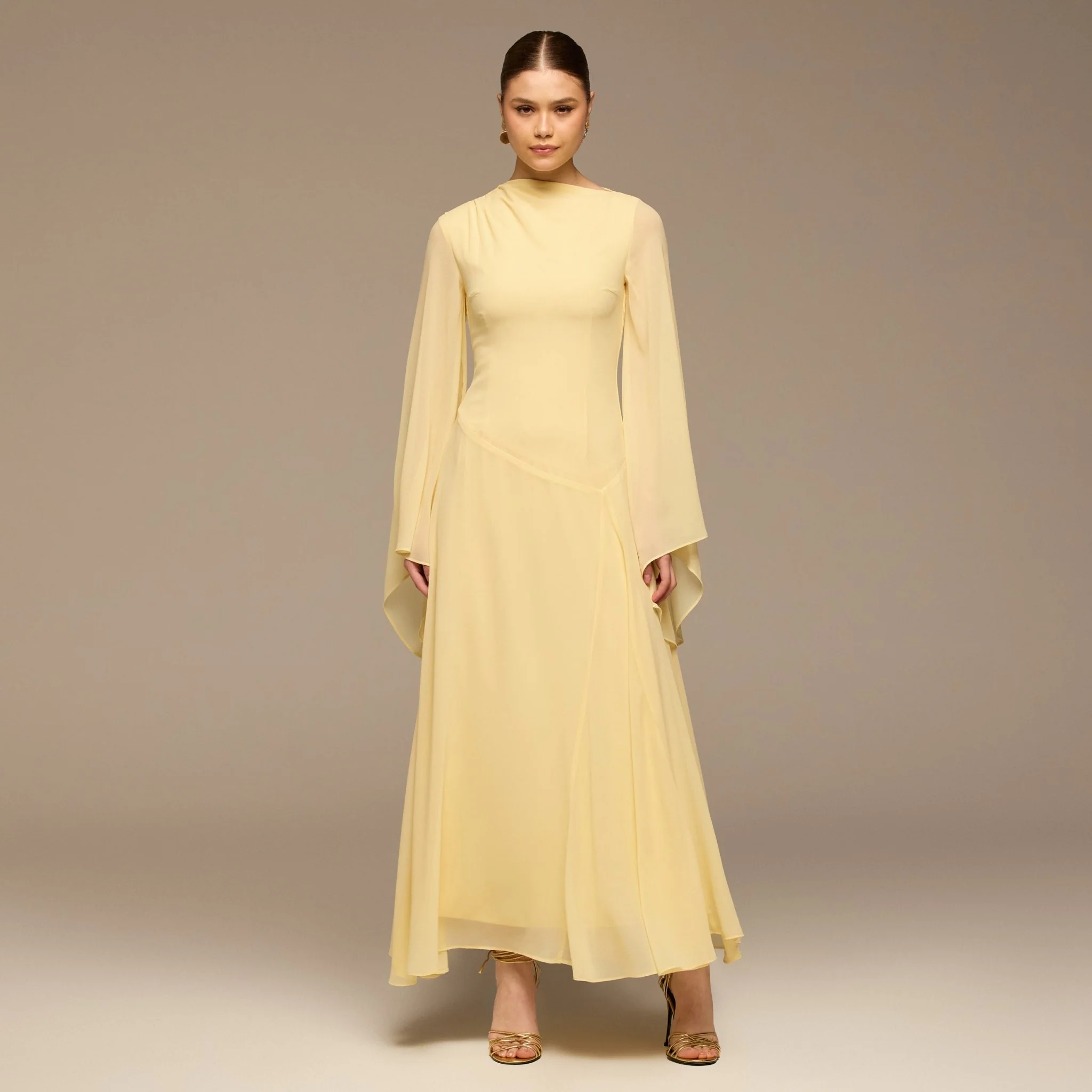 Yellow Flared Sleeve Chiffon Maxi Dress