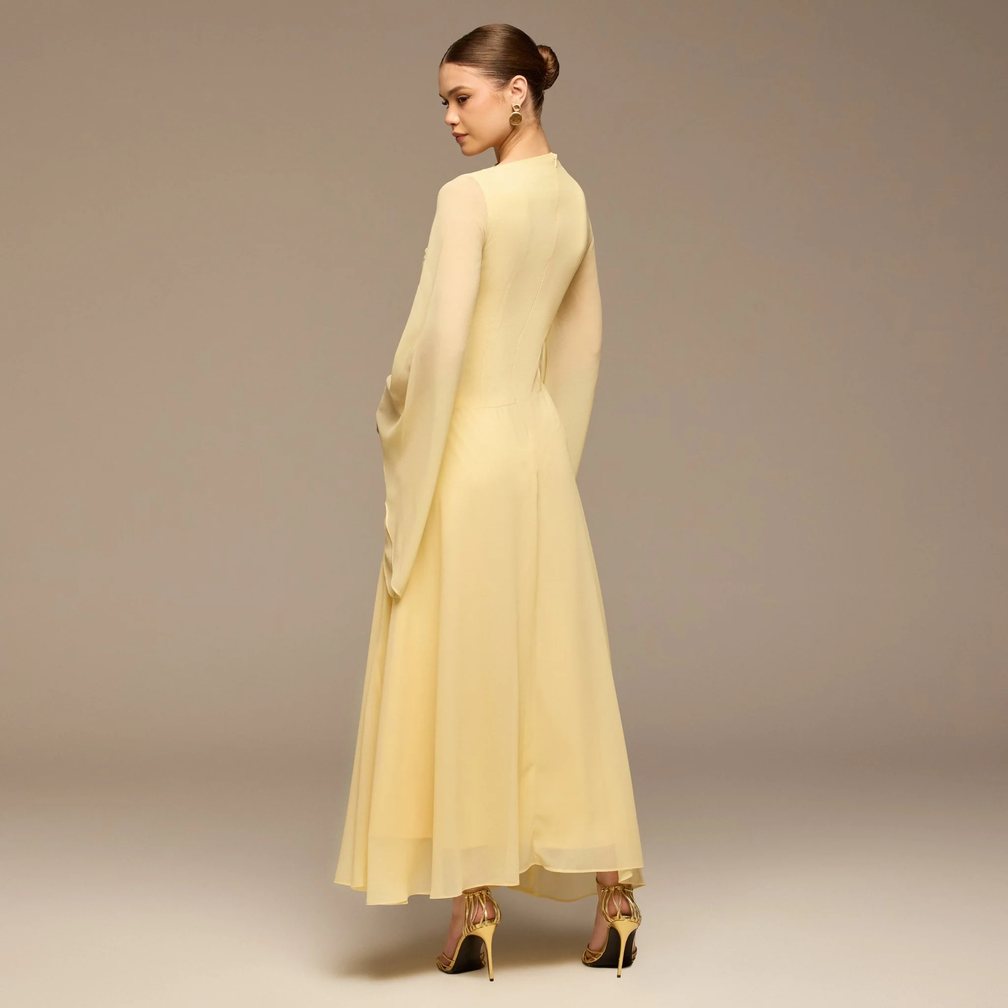 Yellow Flared Sleeve Chiffon Maxi Dress - Image 5